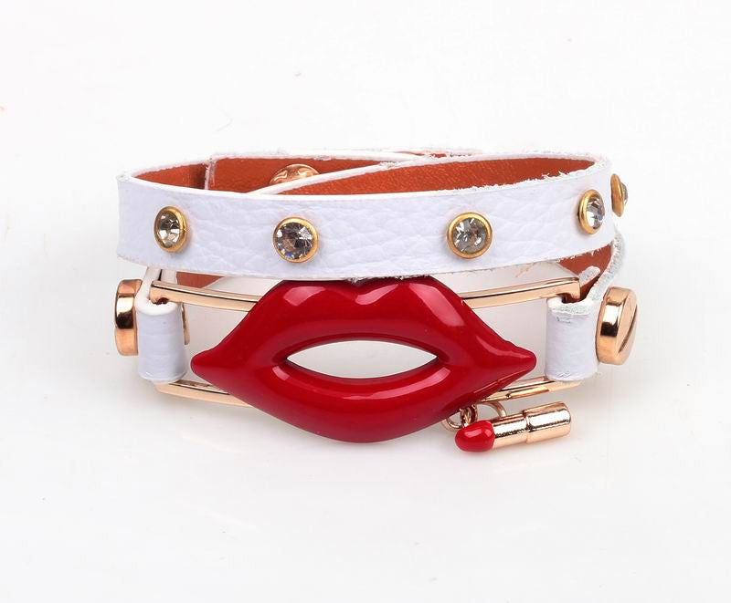 Red Lips and Lipstick Fashion Wrap Leather Bracelet