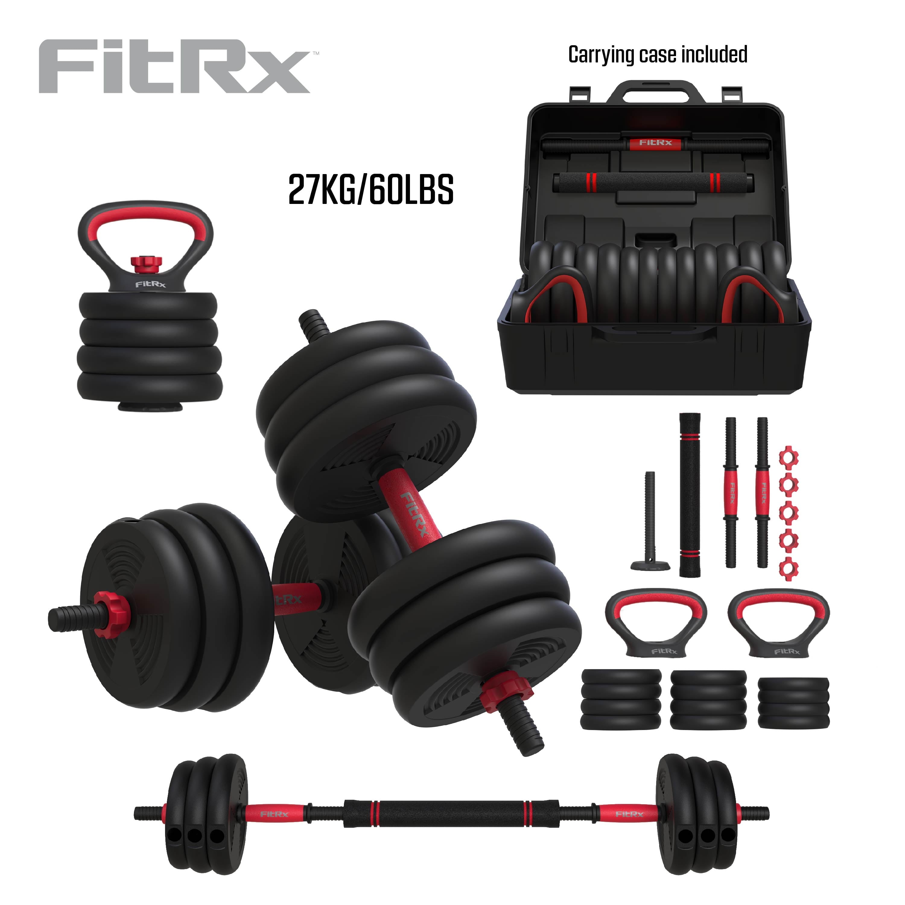 FitRx Smart Bell Gym, 60lb 4-in-1 Adjustable Interchangeable Dumbbell, Barbell, and Kettlebell Set, Black