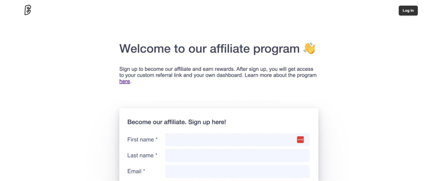 „Bounty“ ekrano nuotrauka su forma prisijungimui prie partnerių programos.