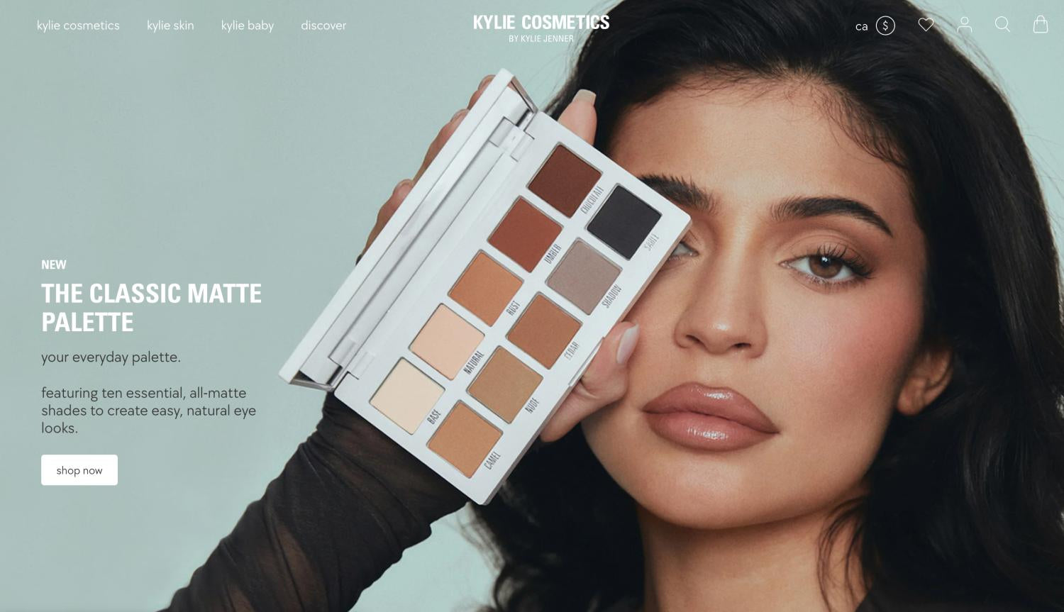 képernyőkép a Kylie Cosmetics e-kereskedelmi weboldal főoldaláról
