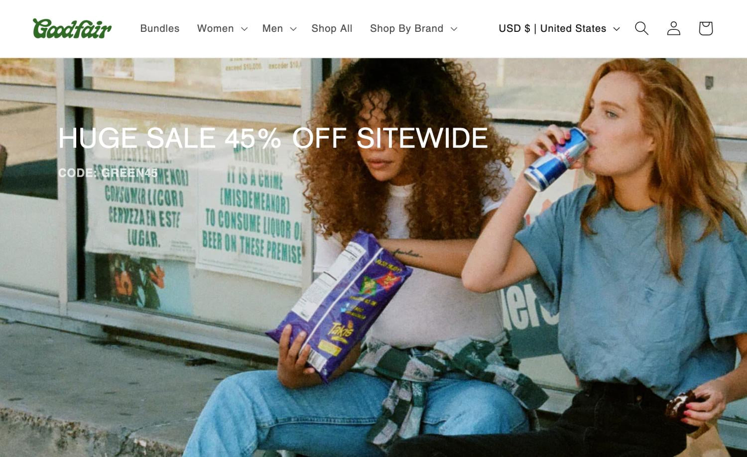 A Shopify-t használó Goodfair e-kereskedelmi weboldalának főoldala