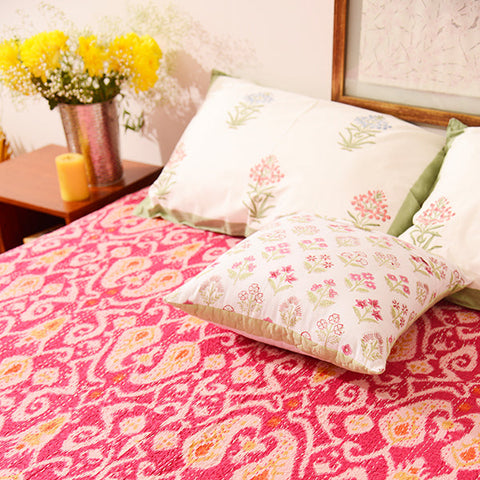 Red paisley kantha quilt in queen size by jaipur handloom