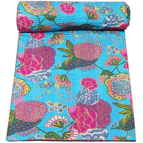 Blue floral fruit print king size kantha quilt by jaipur handloom