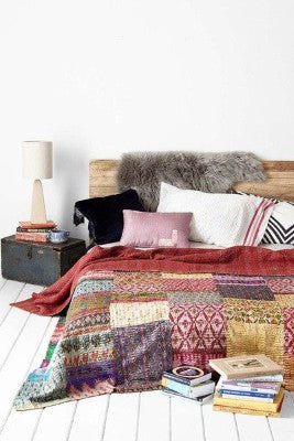 Bohemian Bedding and boho chic decor ideas - jaipur handloom - Silk Sari kantha Bedding