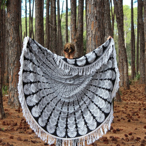 Black and white beach blanket  Mandala Fringed Roundie - Jaipurhandloom.com