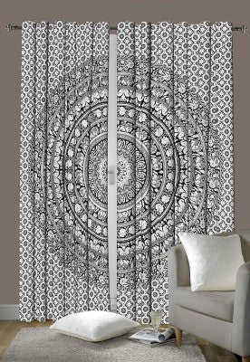 Black and White Elephant Mandala Curtains for Dorm room Decor