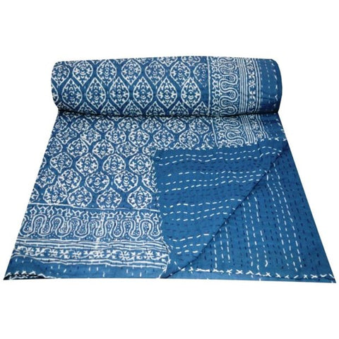 Queen indigo paisley kantha quilt by jaipur handloom