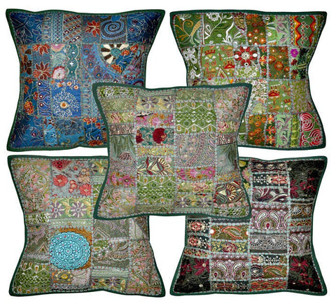green embroidered cushion cover - jaipur handloom