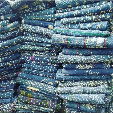 Dyed Indigo vintage kantha quilts by jaipur handoom