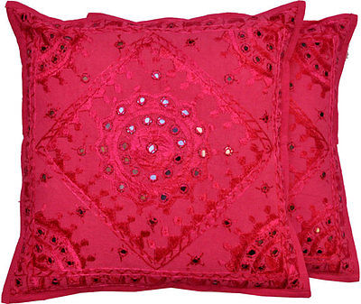 maroon mirror work cushion cover - jaipur handloom