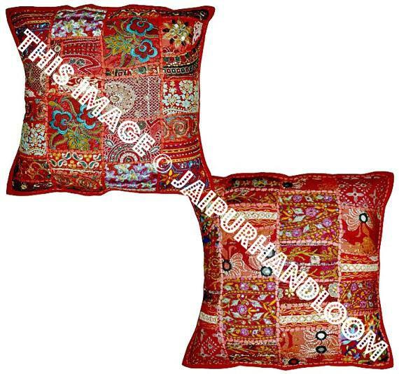Red Vintage Patchwork Sofa Throw Pillows Embroidered Bedroom Pillows