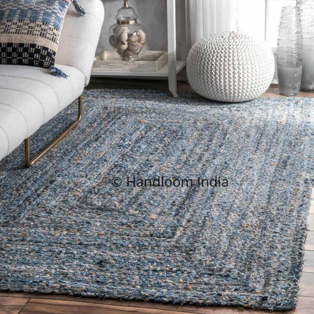 Indian Casual Handmade Braided Blue Color Denim and Jute Area Rugs