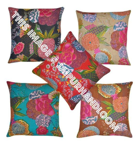 5pc Kantha Decorative throw Pillow, Sari Kantha Pillow Kantha Cushion
