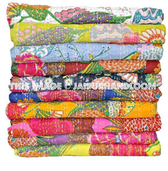 3 pc wholesale Vintage Indian Kantha Quilts sari Reversible Bedspreads