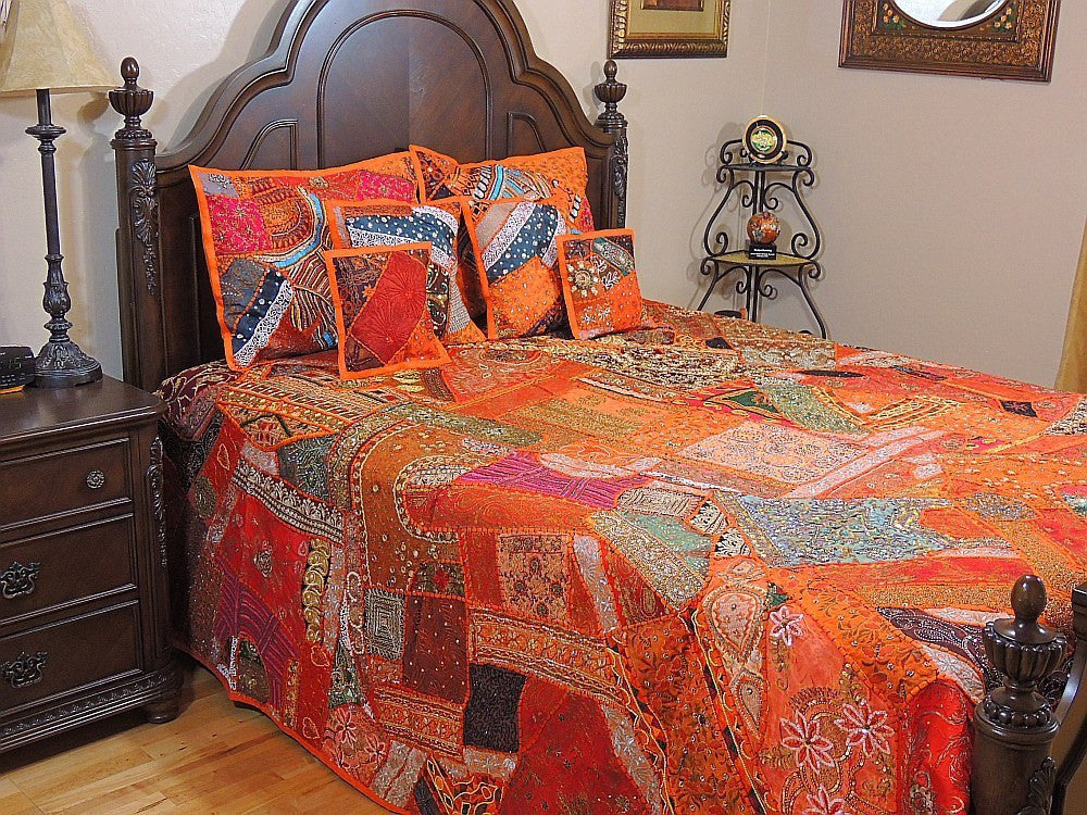 Indian Style Organic Embroidered Bedding Set Queen Patchwork Bed Cover