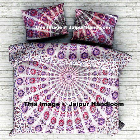 Queen Size White Purple Peacock Mandala Duvet Cover With Pillow Cases