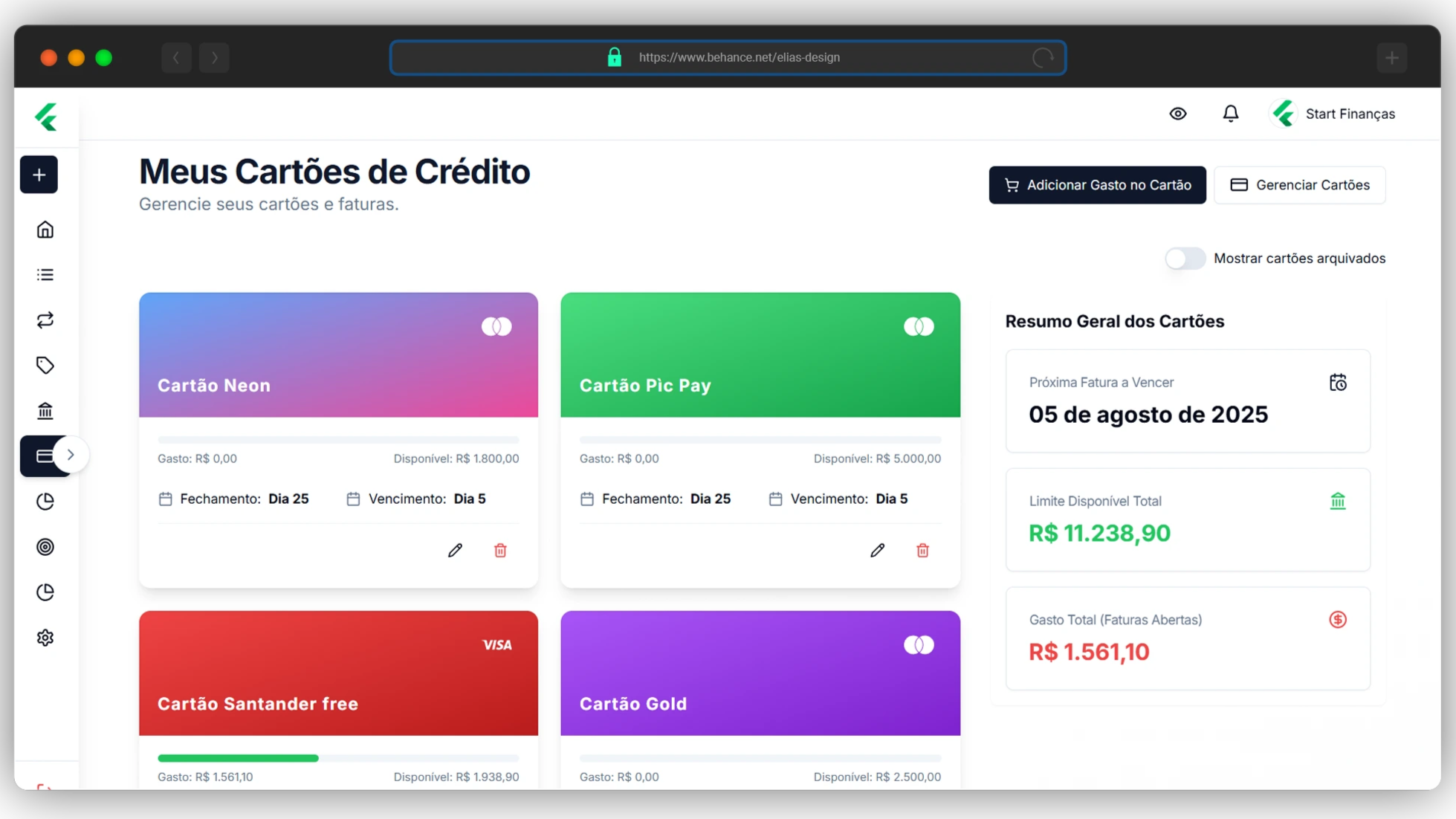 Tela de Cartões de Crédito do Start Finanças