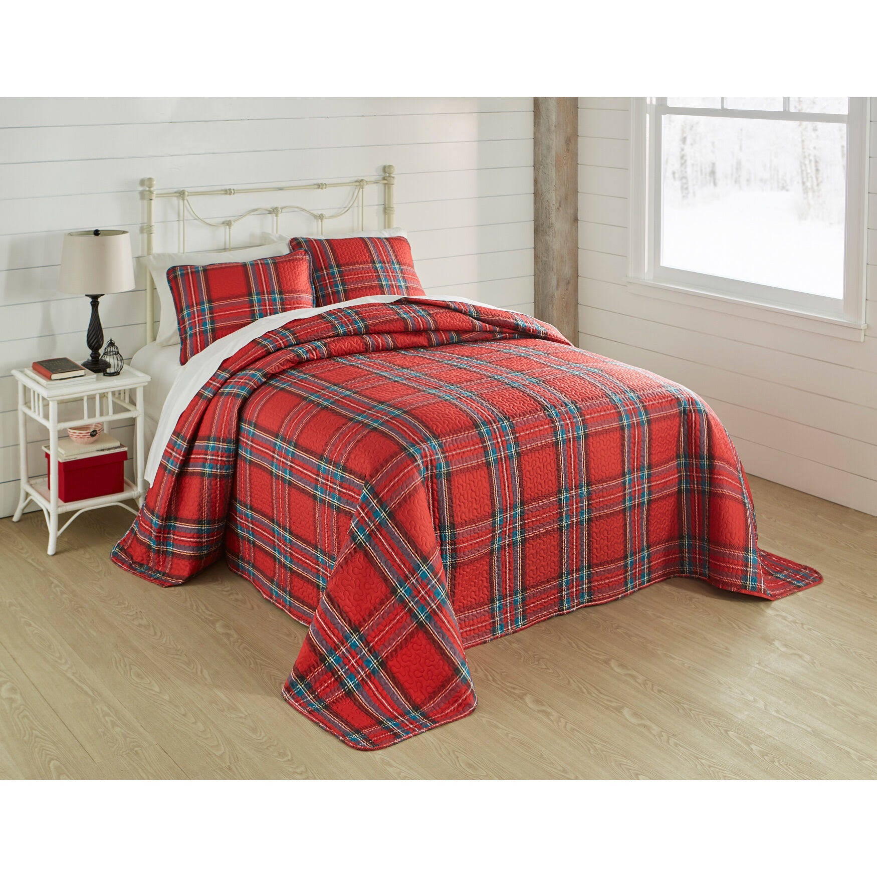 3-Pc. Microfleece Christmas Bedspread Set By Brylanehome In Red Green Plaid (Size King) Reversible Quilted Cover & Pillow Shams