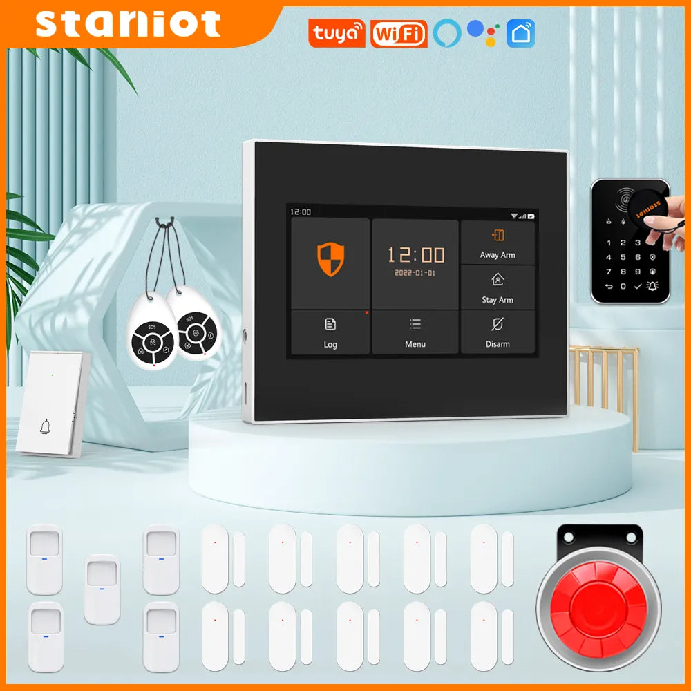Staniot Wireless WIFI Security Alarm System Google Assistant Home Burglar LCD Touch Compatible Alexa and Tuya Smart Life APP