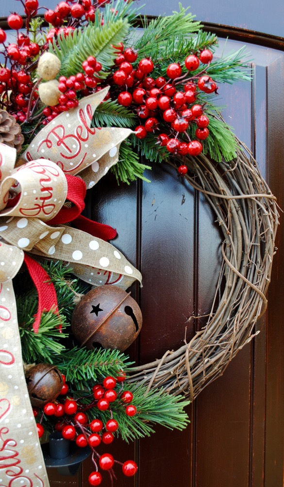 Christmas wreathfarmhouse decorSleigh Bellsfront door wreathrustic