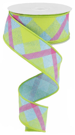 Plaid Canvas Wired Edge Ribbon, 10 Yards Yellow, Lime, Hot Pink, 1.5 inch