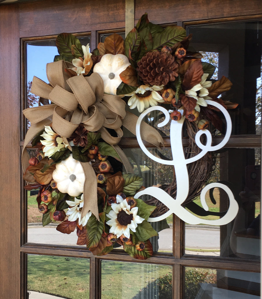 Fall Cream Pumpkin Monogram Wreath With Burlap Bow Rustic Look 21 22 Dia