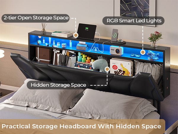 Sikaic bed frame comes with a storage headboard to store your daily necessities