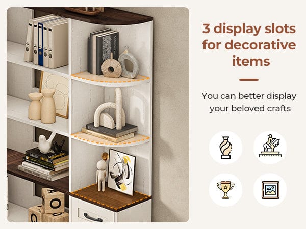 Sikaic L-Shaped 7-Shelf Corner Bookshelf with Lockers White