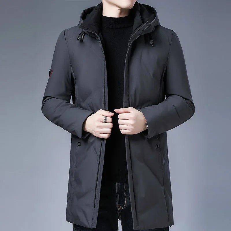 New Winter Down Jacket Men White Duck Down Hooded Jackets Coats Men Long Warm Down Jackets Fashion Casual Men Clothing