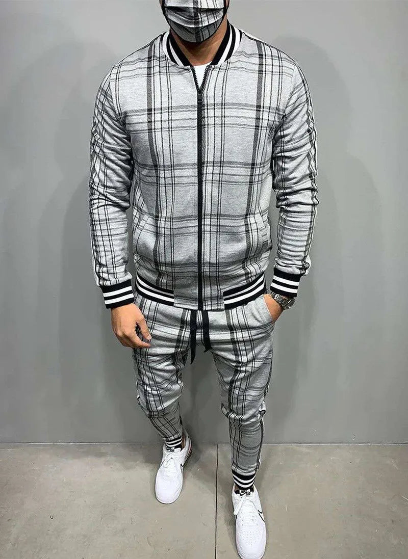 New Gentlemen Tracksuit Men Fashion Sporting Suit Men Sets Brand Plaid Zipper Sweatshirt+Sweatpants Mens Clothing 2 Pieces Sets