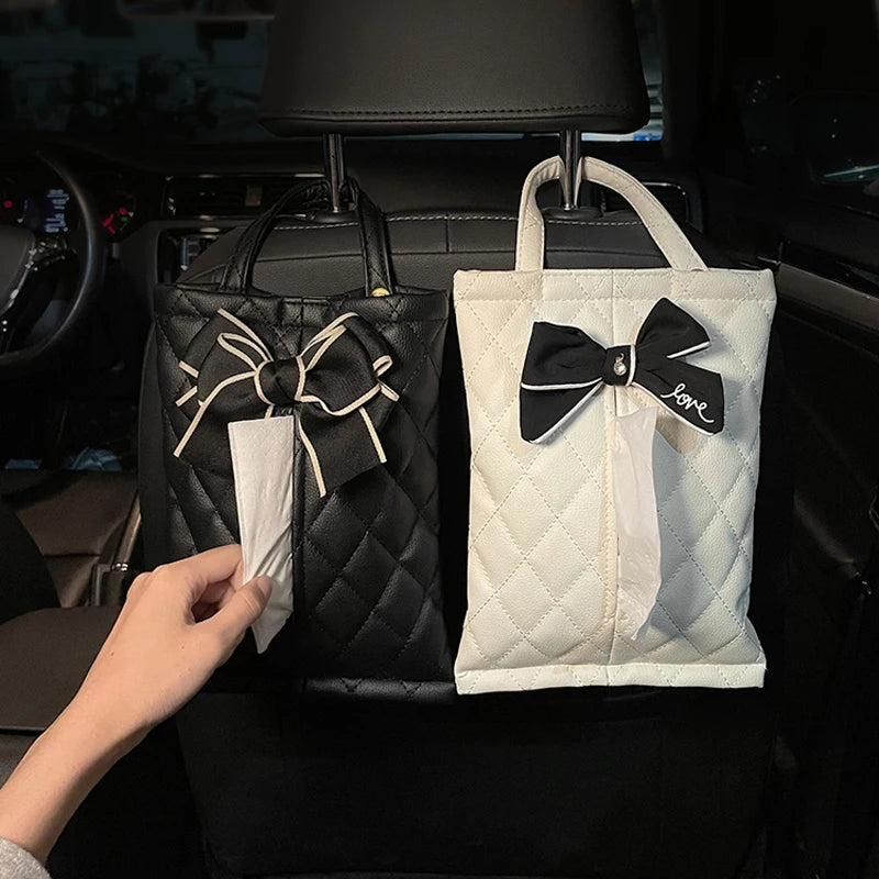 Fashion Bowknot Leather Car Tissue Boxes Cute Auto Seat Back Tissue Bag Organizer Car Decoration Auto Interior Storage Bag