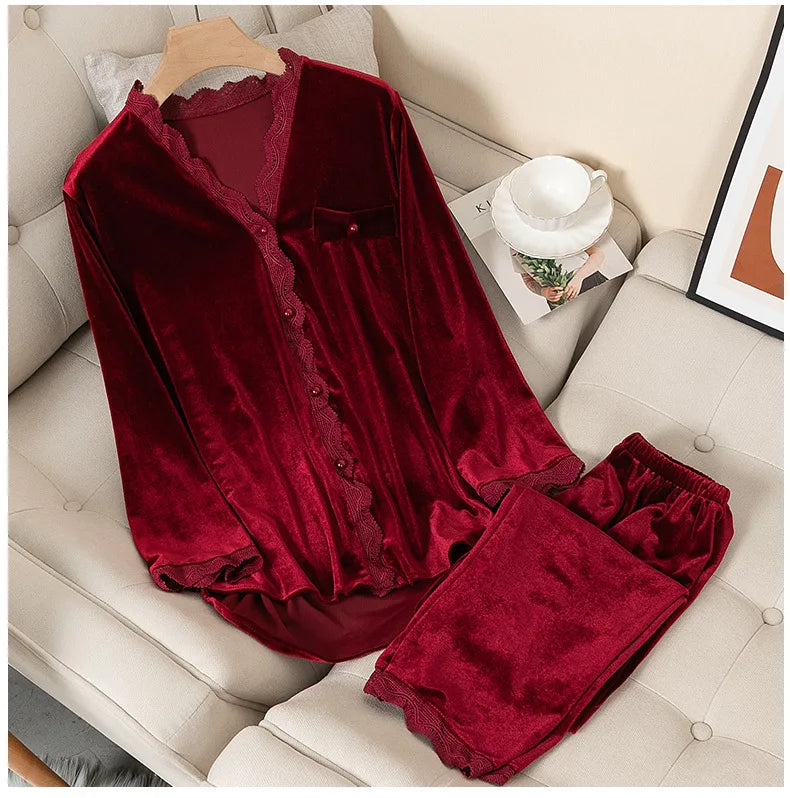Velvet Pajamas Women Autumn Winter Sleepwear Long Sleeve Casual Nightwear Pyjamas Suit Loose Home Clothes Lace Trim Sleep Set