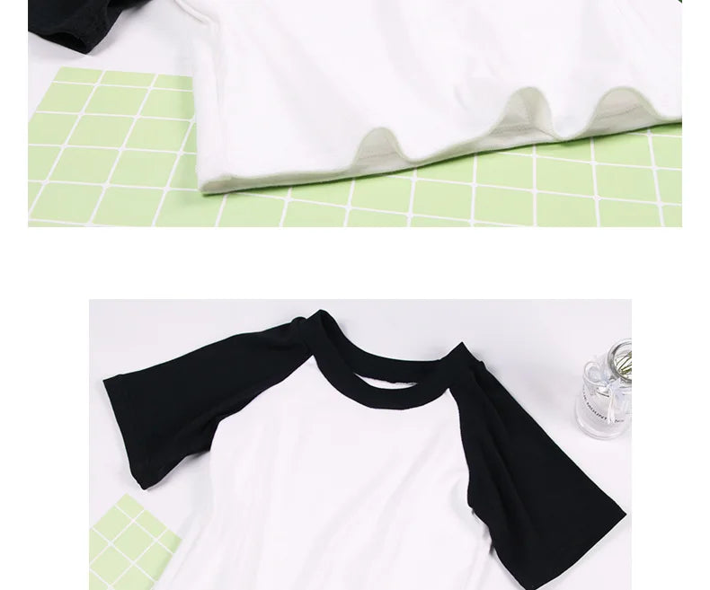 DICLOUD Splice Casual Tees Ladies Simple O Neck Short Sleeve Short Tops Women  Fashion Tight Sexy White Black T Shirt Female