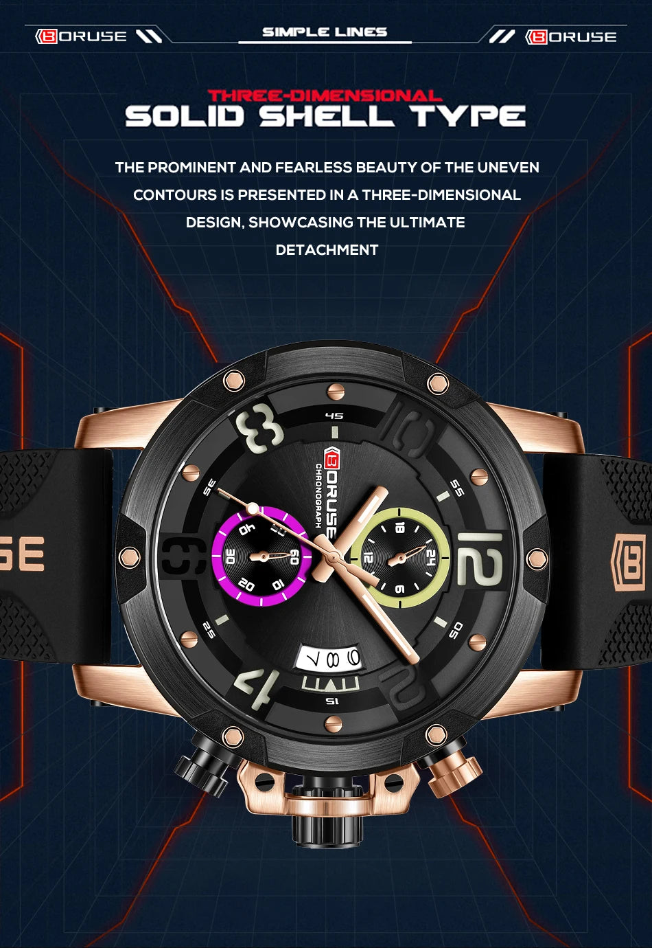 BORUSE Mens Fashion Sports Watches Brand Black Quartz Wristwatch Waterproof Luminous Man Silicone Chronos Business Wrist Watches