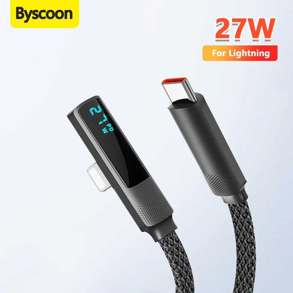 PD 27W Fast Charging Cable 90 Degree Right Angle With Digital Display USB Type C to Lightning For iPhone 14 13 12 11 Pro Max