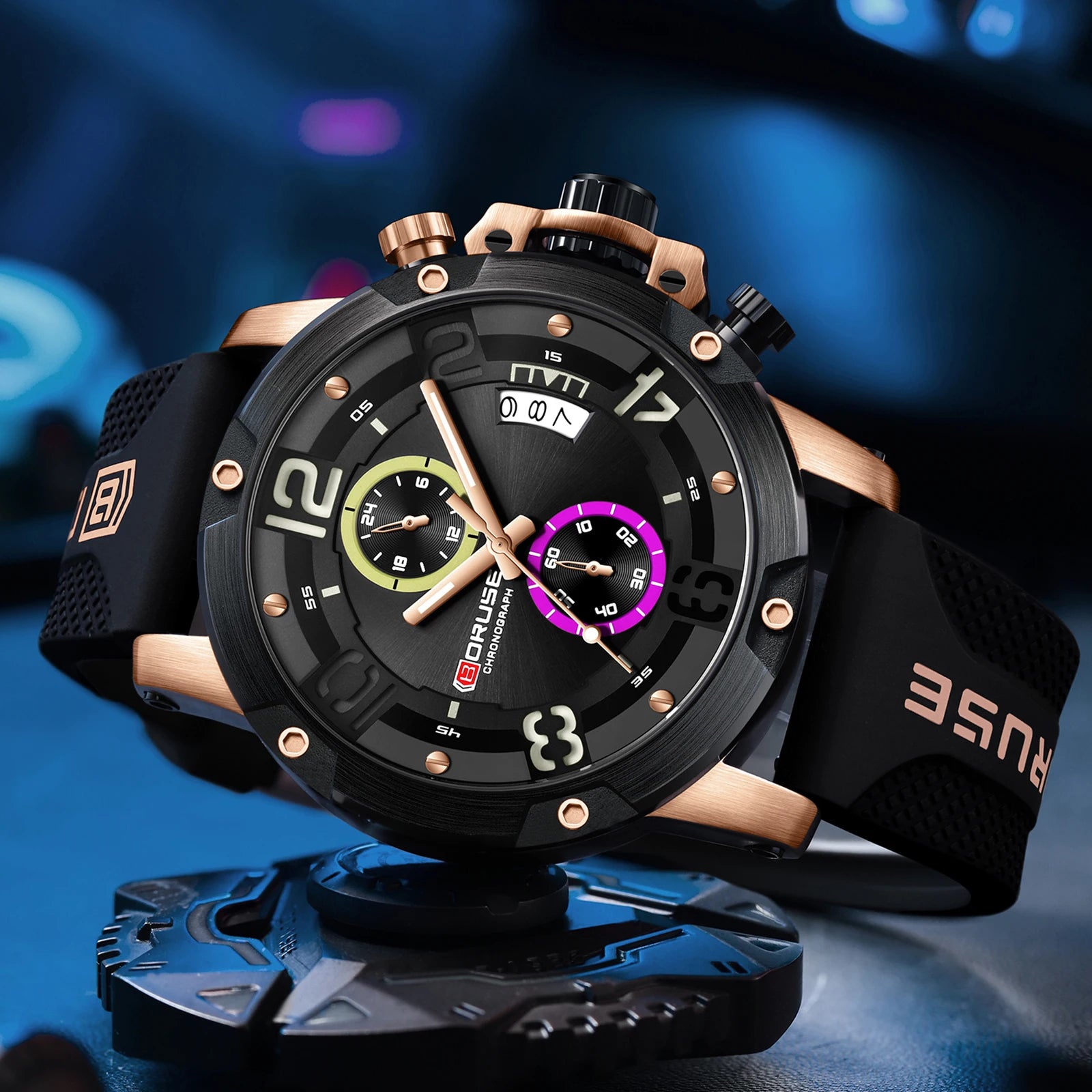 BORUSE Mens Fashion Sports Watches Brand Black Quartz Wristwatch Waterproof Luminous Man Silicone Chronos Business Wrist Watches