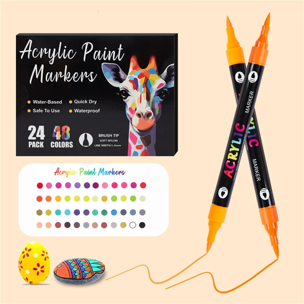 24/48/72 Acrylic Paint Markers: Dual Tip, Fast Drying Portable for Art Painting, Dot Art Coloring - Professional Artist Supplies