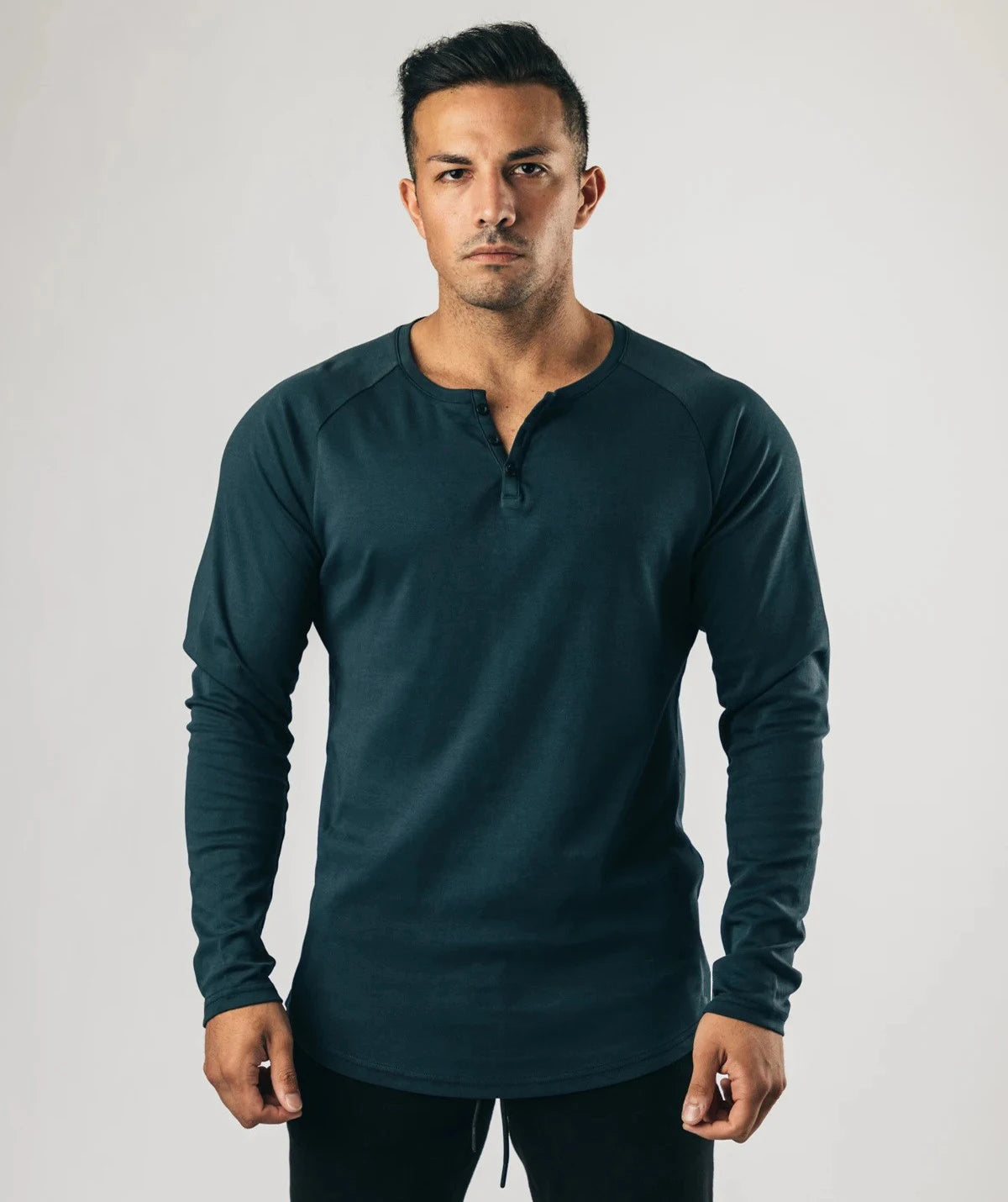 Men Muscle Shirt Long Sleeve T-shirt Solid Vintage Henley Shirts Sports Fitness Casual Cotton Stretch Thin V-neck Tee