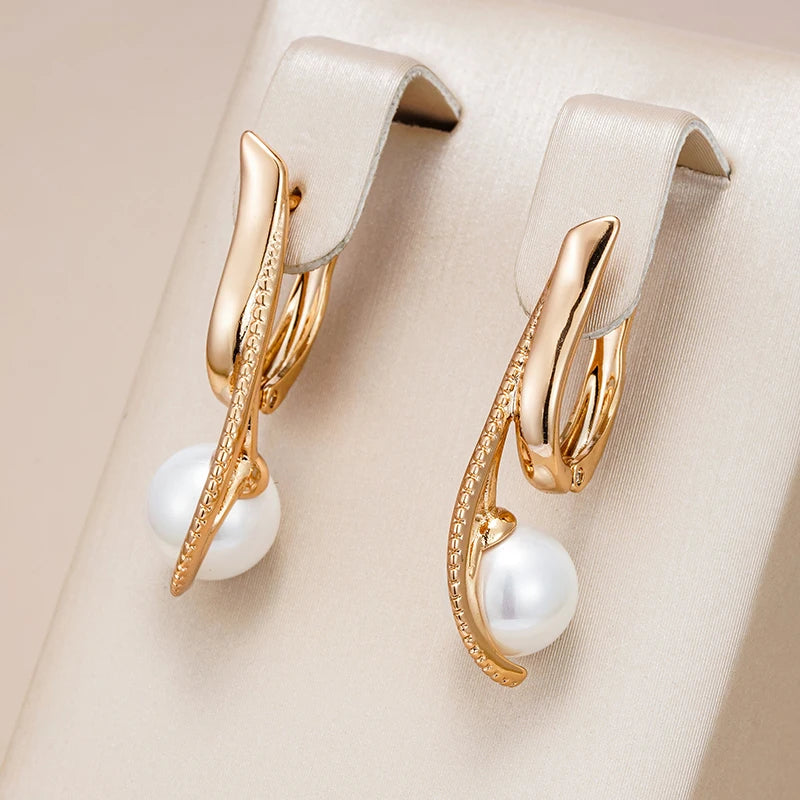 Kinel Luxury Pearl Long Drop Earrings For Women 585 Rose Gold Color Fine Wedding Jewelry Trendy Easy Matching Dangle Earring