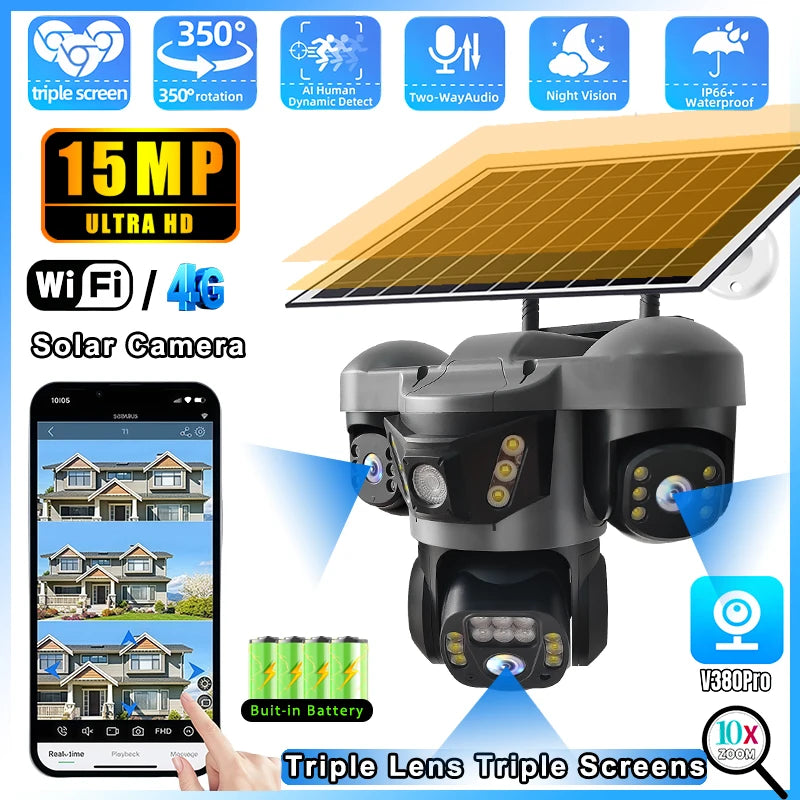 4G Solar Camera Wirless IP CCTV Video Surveillance Cameras Outdoor 360 Monitor 15MP HD Night Vision Security Protection