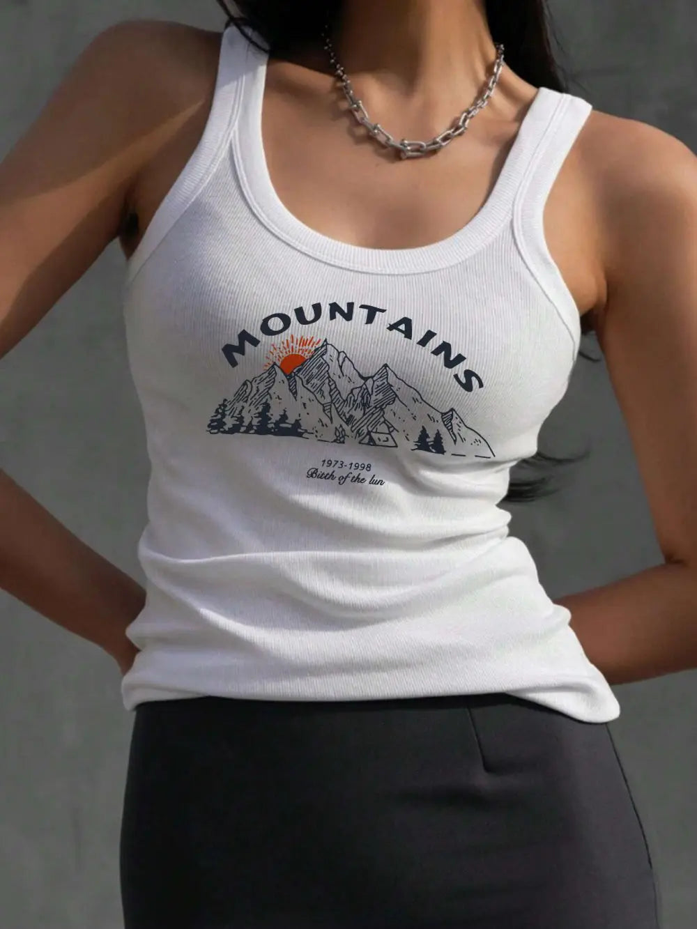 Mountains Letter Printing Tank Top Summer Womens Sleeveless Tight Ribbed Female Cotton Knit Vest Straps Casual Street Clothing