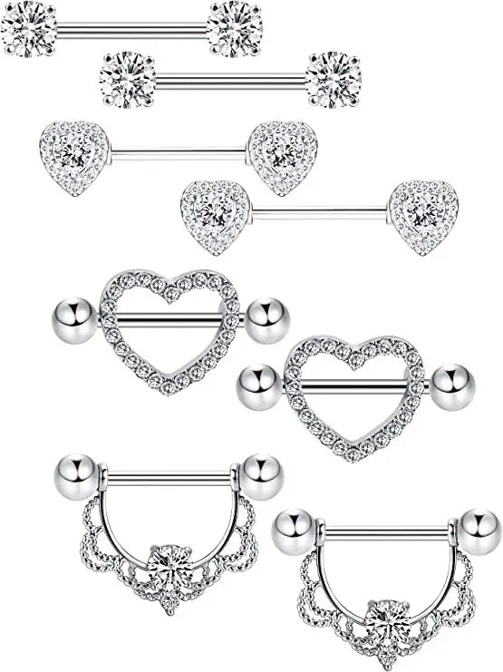 12PC/Set Stainless Steel Pink Heart Moon Nipple Piercing Kit Fashion Crystal Sexy Nipple Ring Body Jewelry Perforación Del Pezón