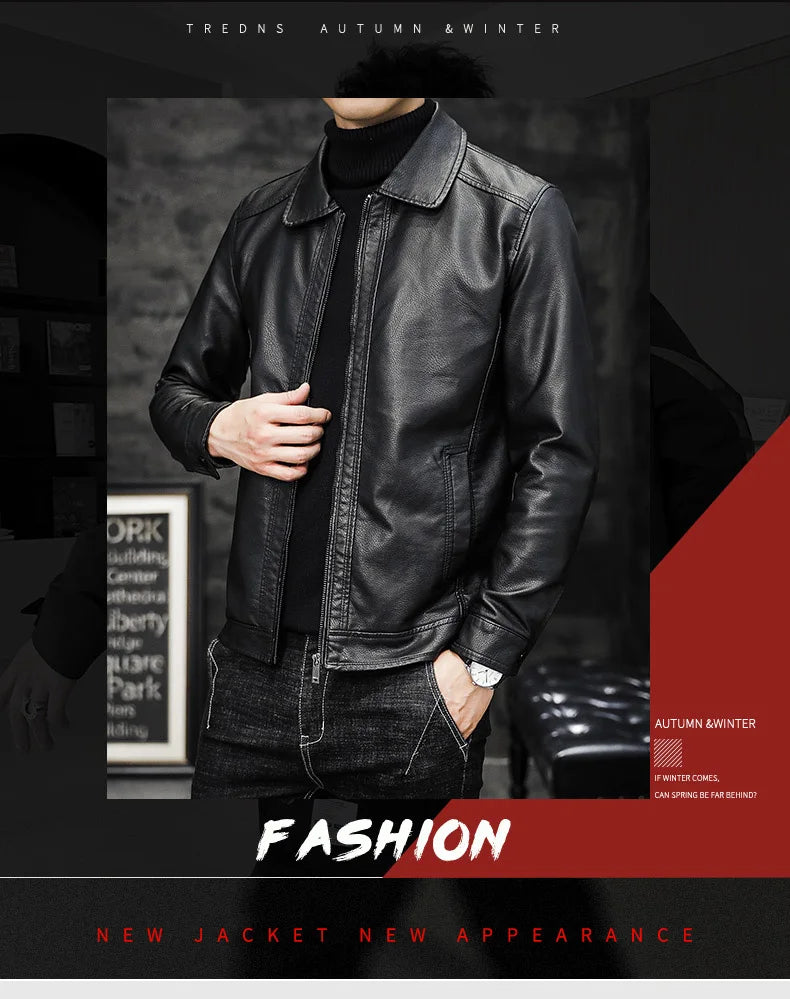 Slim Fit Lapel PU Jackets Autumn Soft Shell Leather Coat Male New Motorcycle Leather Jackets Man Casual Fashion Motorcycle Coat