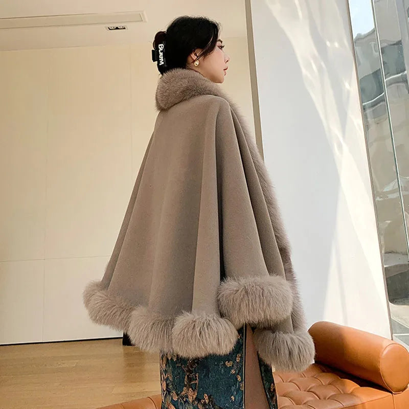 2023 Autumn Winter Women 100% Wool Warm Cardigan Shawl Jacket With Real Fox Fur Collar Ponchos Cloak Outwear Female Coats