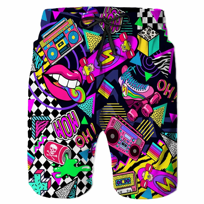 Cartoon Music Colorful Graffiti Beach Shorts Men 3d Print Swim Trunks Summer Surf Board Shorts 80s 90s Street Short Pants