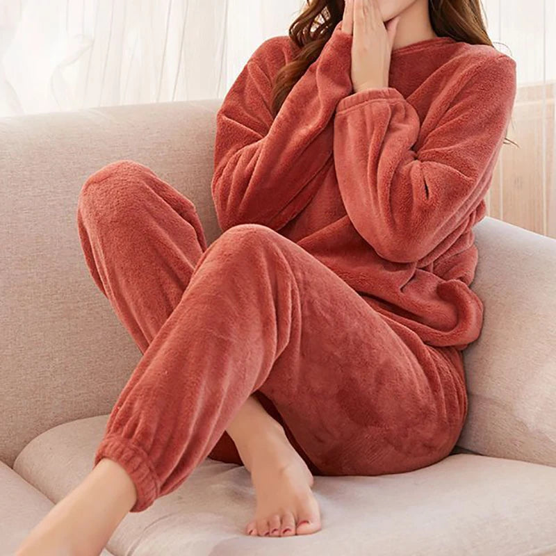 HELIAR Women Velvet Pajama Set Loose Top And Elastic Waist Pants Home Casual Warm Woolen Suit Women 2025 Autumn Winter