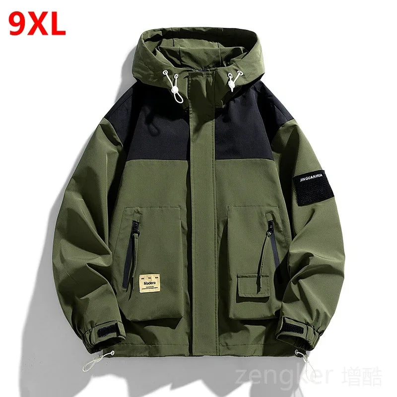 Large size hooded jacket spring and autumn new tide youth handsome wild loose casual color blocking multi-pocket jacket 9XL