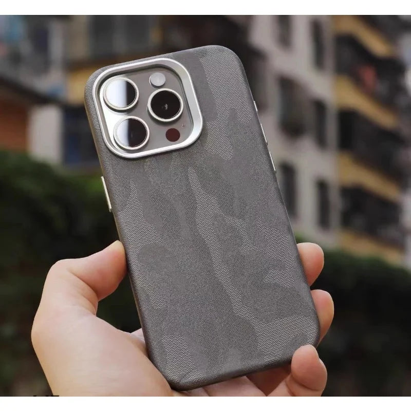 Camouflage Leather Magsafe case for iphone 13 14 15pro 12 13Pro 14pro max Plating Lens Matte Wireless Charging shockproof cover