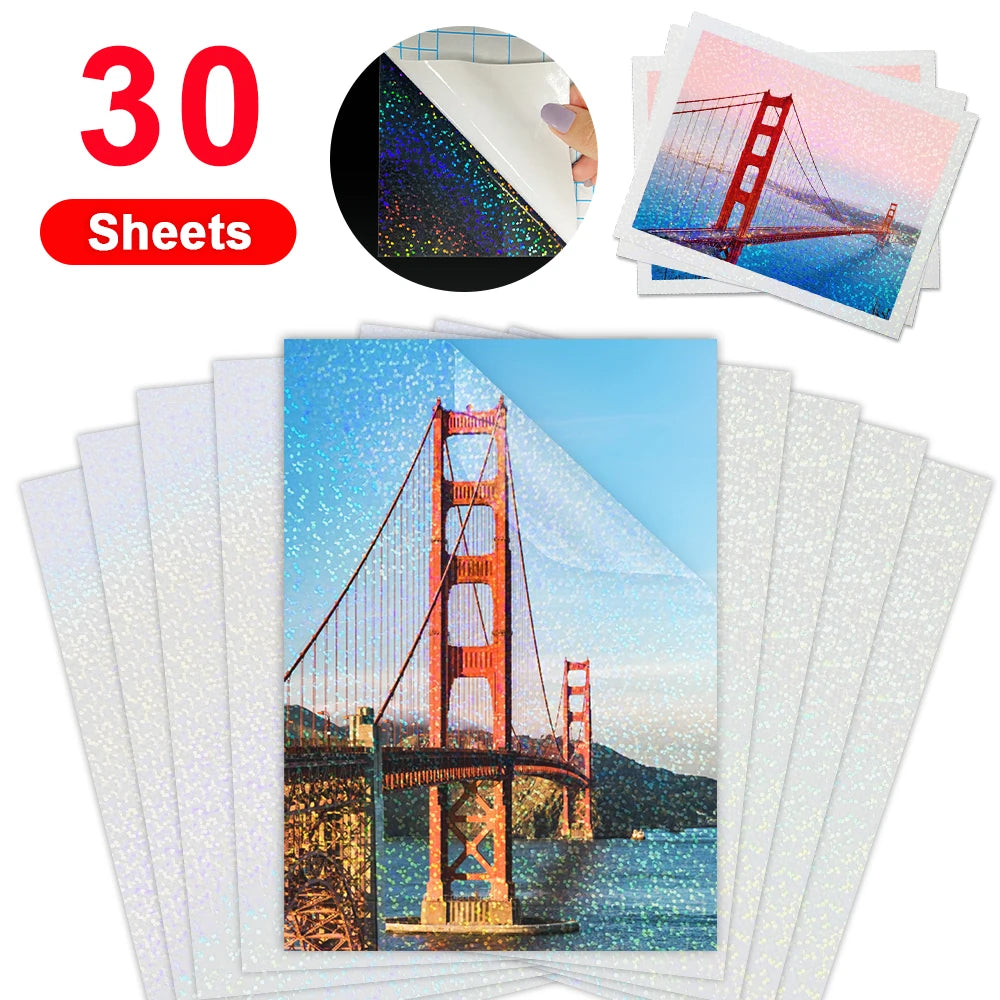 30Sheets Cold Laminating Flim A4 Waterproof Self-adhesive Paper film Broken Glass Stars DIY Package Card Photo Holographic Film