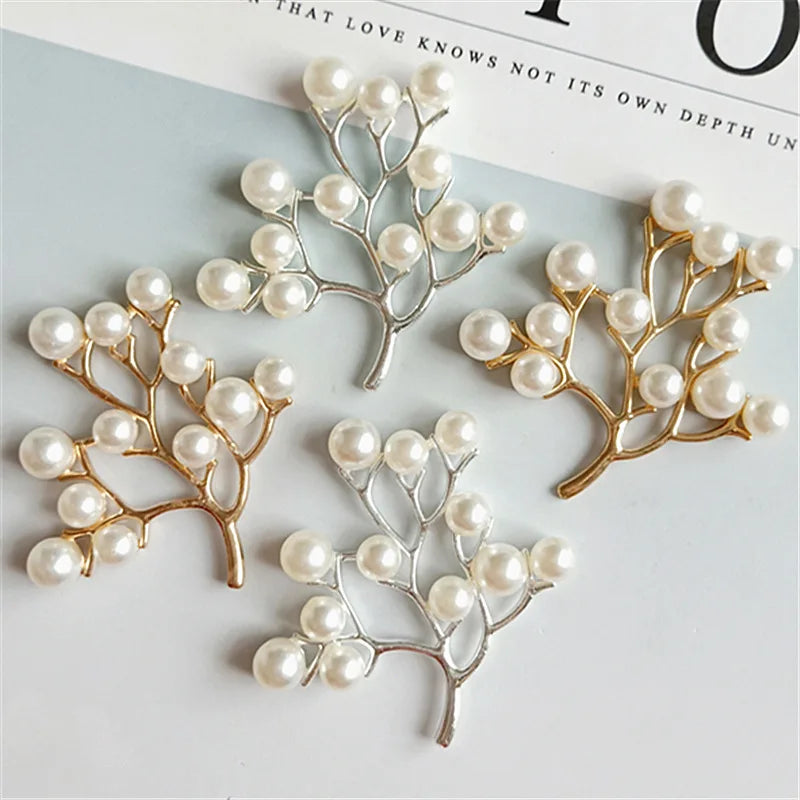 10 Pcs Alloy Pearls Leaf Buttons Creative Gold Pendant Ornaments for DIY Headwear Bridal Fan Hair Crafts Jewelry Accessories
